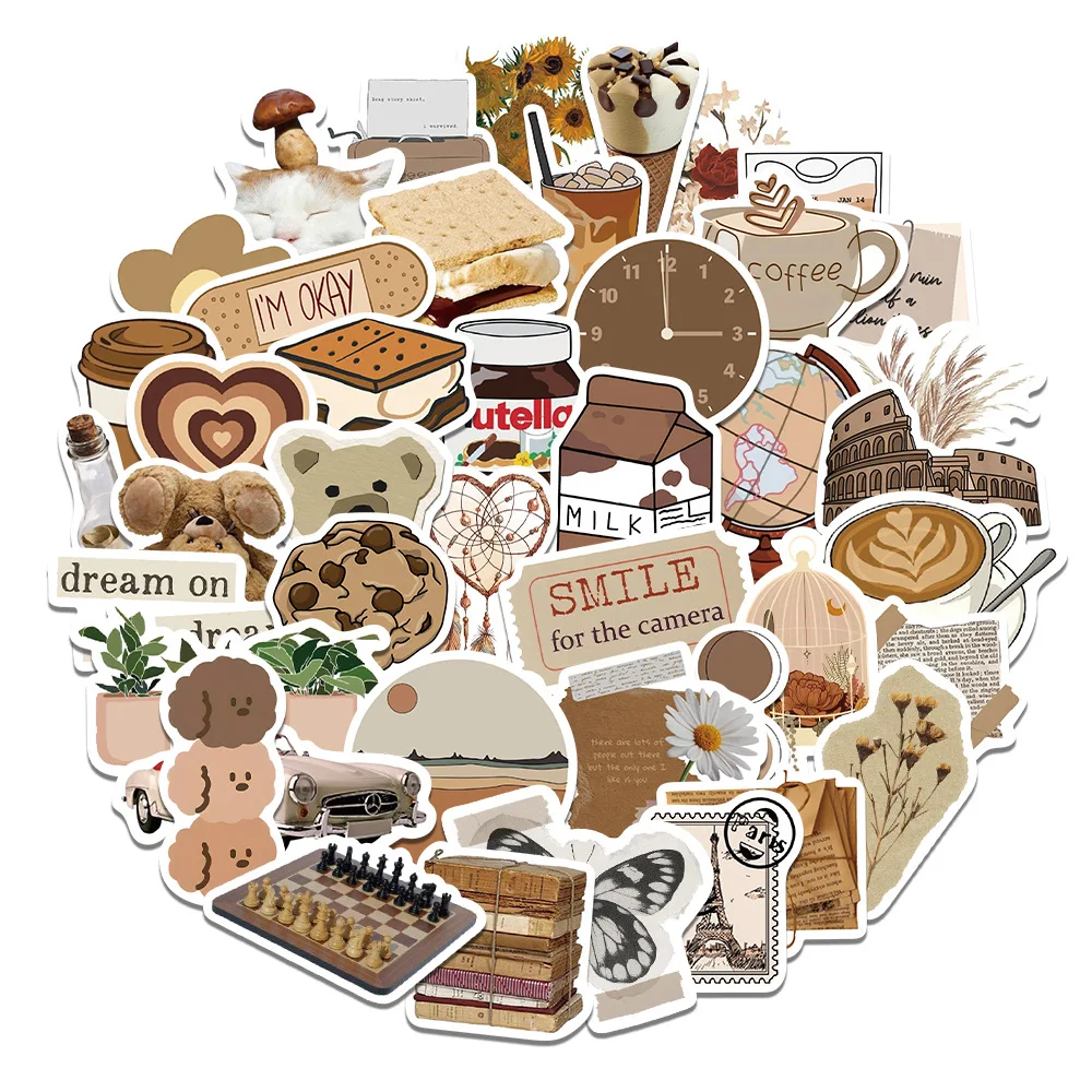 Decorative Stickers 10/30/50Pcs Retro Brown Waterproof Graffiti Sticker Aesthetic Decorative Luggage Laptop Cup Guitar Phone Scrapbook Kid Stickers