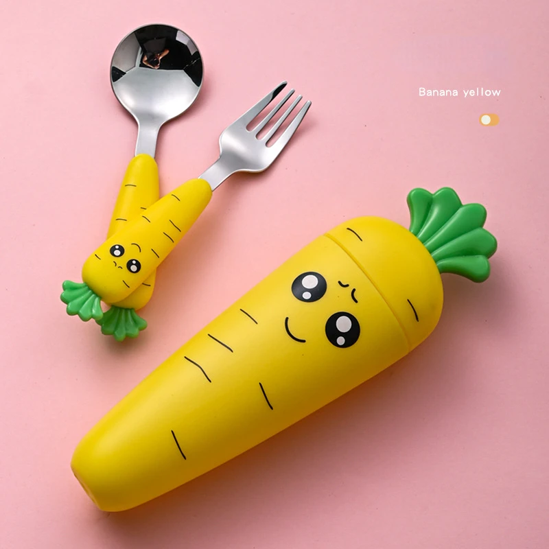 Cutlery Set Kids Fork and Spoon Set Carrot Shape Baby Feeding Utensils Stainless Steel Cartoon Fork Spoon Child Cutlery Set Kid Tableware