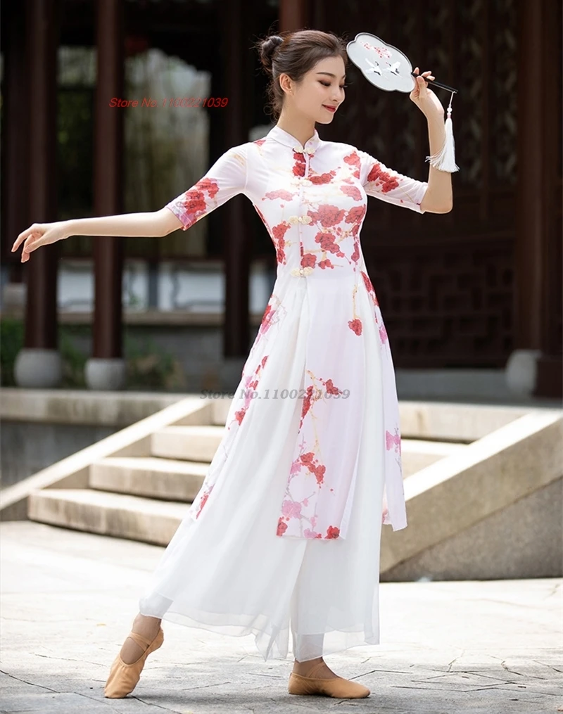 

2024 traditional chinese folk dance stage performance qipao tops+pants set national flower print dance costume oriental dress