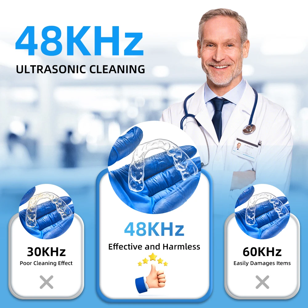 KUNPHY Portable Retainer Cleaner 48kHz 35W Ultrasonic Cleaner Dental Pod with UV-Light for Denture 4 Modes Digital Timer Cleaner 6