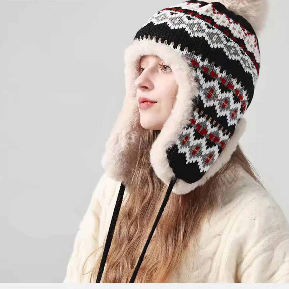 Winter Warm Bomber Hat Thermal Knitted Thick Fleece Earflap Hat Plush Windproof Women Winter Outdoor Travel Hiking Ski Hat