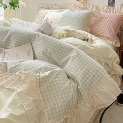 Elegant Korean Lace Ruffled Bedding Set with Soft Plaid Design - 150x200cm 3pcs set (4)