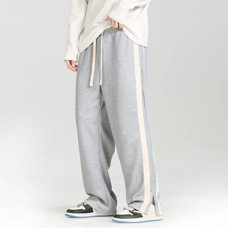 Men's Striped Slit Pants Spring Autumn Straight Wide Leg Trousers High Street Loose Casual Trousers 2024 Fashion Men Clothing