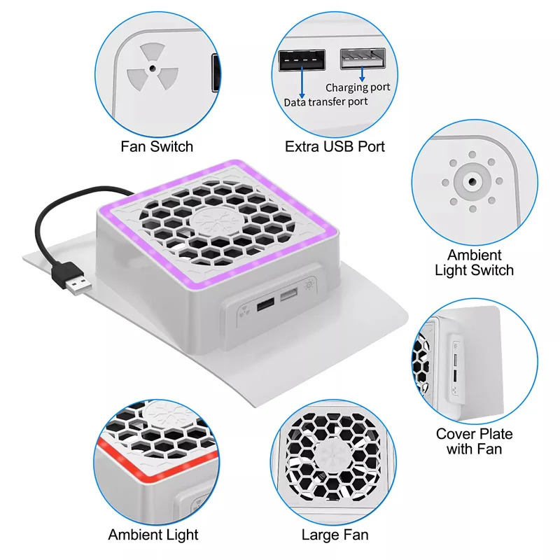 PlayStation5 Slim Accessories PS5 SLIM Console External Host Cooling Fan With LED Light 2 USB Ports Host Side Cooler For