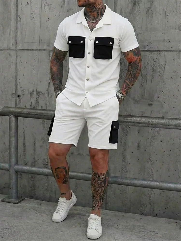 أطقم رجالية صيفية كاجوال لعام 2026، قمصان بأكمام قصيرة وشورتات بتصميم عتيق متعدد الجيوب، ملابس رجالية عصرية للشارع