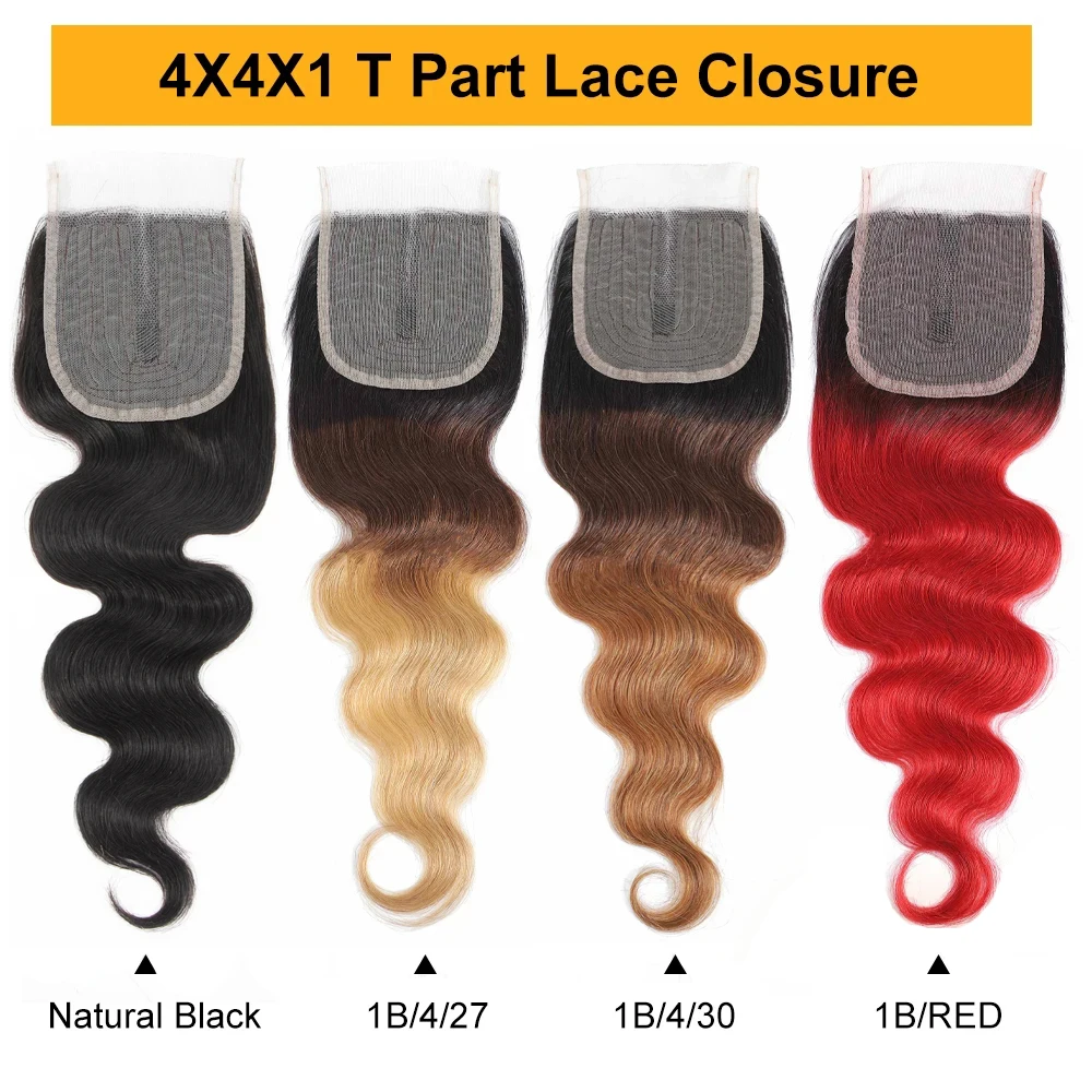 

24 Inch Brazilian Body Wave Human Hair T-part Lace Closure Body Wave 4X1 Inch 1B/Red 1B/4/27 Bresilienne Cheveux Humain Remy