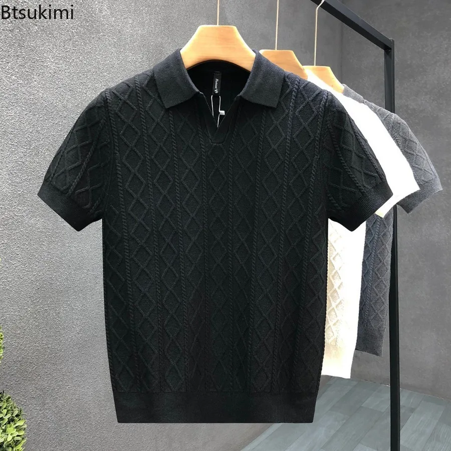 Maglioni Stile Polo per Uomo, Nuova Collezione Estiva, Slim Fit, Manica Corta, T-shirt Casual Business, Maglieria Maschile con Colletto Rovesciato - immagine 2