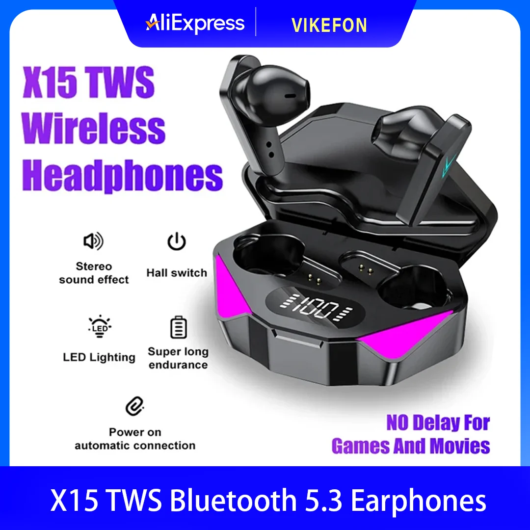 X15 Wireless Bluetooth Headset LED Display Gamer Earbuds with Mic Wireless Headphones Noise Cancelling Bluetooth Earphones
