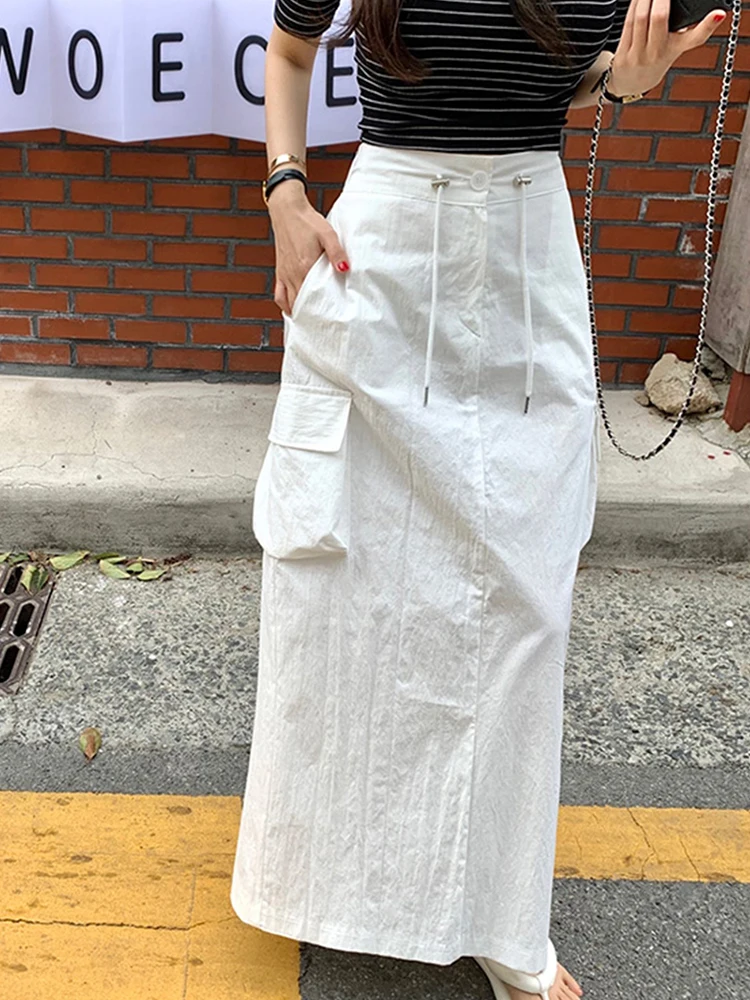 

Jyate Summer Solid All-match Long Tooling Skirt Fashion Drawstring Tie Waist Large Pocket Tooling Skirts For Women Street Style
