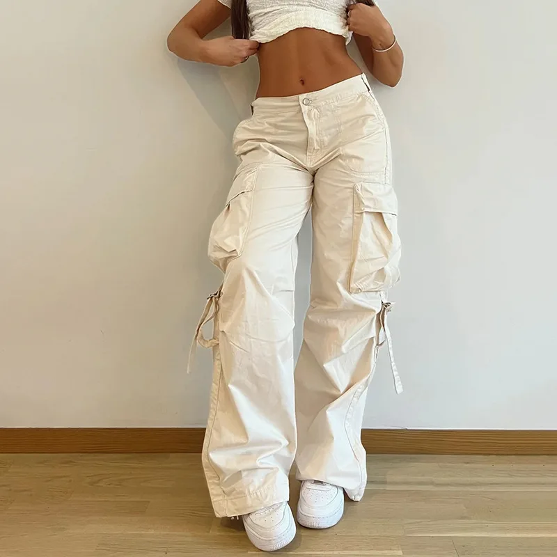 Solid Casual Loose Straight Leg Pants Women Autumn 2023 Medium Waist Button Zipper 3D Pockets Ribbon Cargo Trousers Streetwear