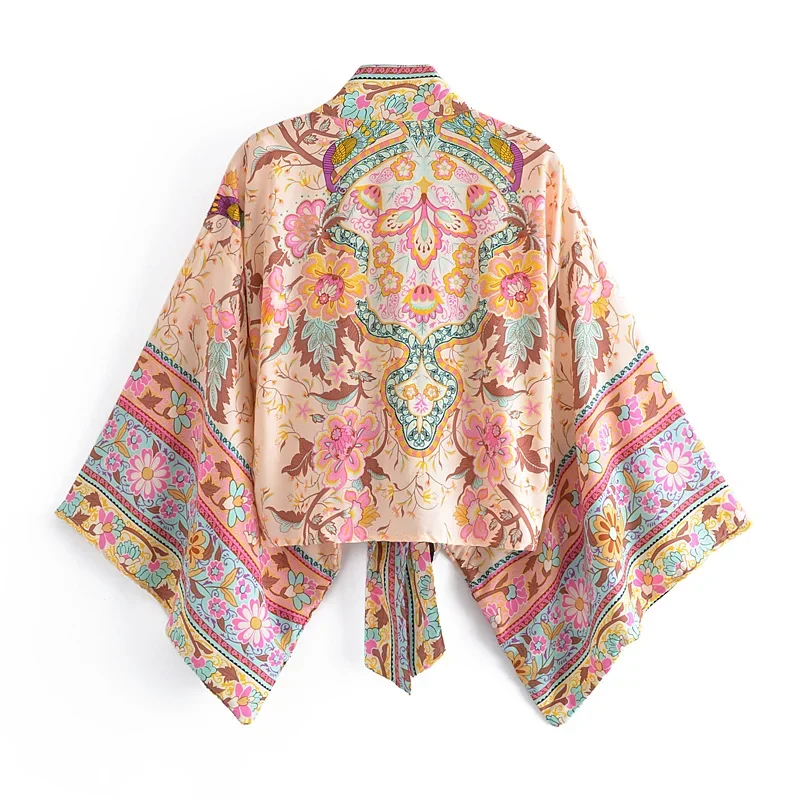 Boho Queens Vintage Floral Print Sashes Short Kimono Women V Neck Batwing Sleeves Ladies Beach Robe Cover-ups