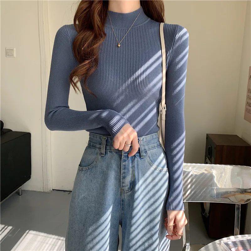 short sleeve cardigan Autumn Winter New Long Sleeve Pullover Sweater Solid Color Korean Version Half High Collar Slim Fit Knitted Bottomed Shirt Top blue sweater