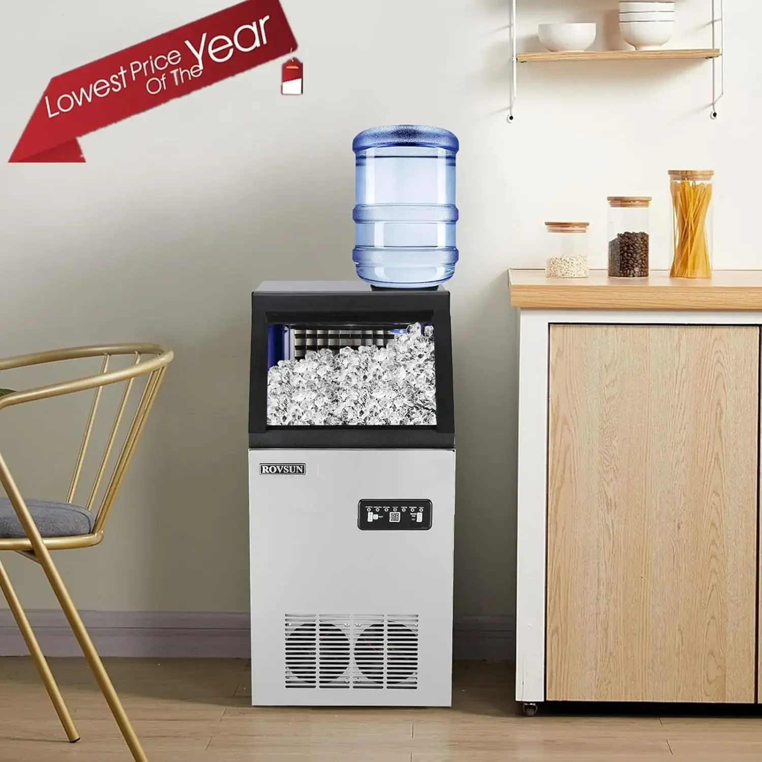 110LBS/24H Commercial Ice Maker Machine with 2 Water Inlets, Freestanding Ice Machine with 24lbs Storage Bin, Ice Scoop & Water 2