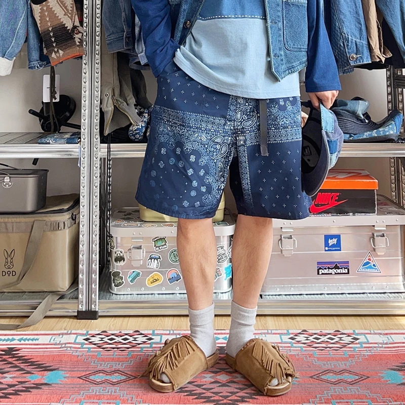 Luckysarterius Japanese Vintage Cashew Flower Pellis Pattern Loose Summer Shorts Casual Capris Men's Fashion