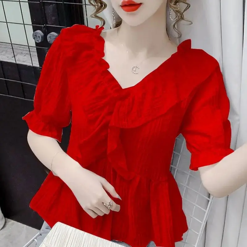 Fashion V-Neck Solid Color Ruffles Blouse Women Clothing 2023 Summer New Casual Pullovers Short Sleeve Office Lady Shirt