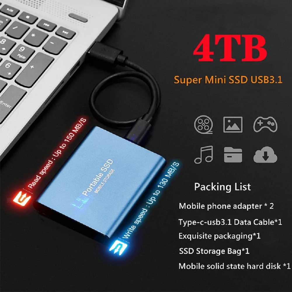 휴대용 고속 외장 하드 드라이브, C타입, USB 3.1, 솔리드 스테이트 드라이브, PC, Mac용, 500GB 하드 디스크, 1TB, 2TB, M.2