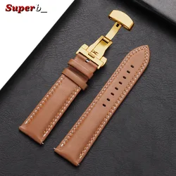 Premium Genuine Calfskin Leather Watch Strap with Butterfly Buckle and Dual Stitching - 22mm (Light Brown - GD)