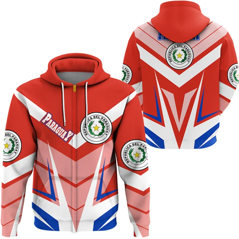 thumbnail image 1 of Sudadera con capucha y cremallera con estampado de bandera de Paraguay para hombre, sudaderas retro con estampado 3D, moda informal, jersey de gran tamaño con cremallera, camisetas de manga larga, 1 of 4