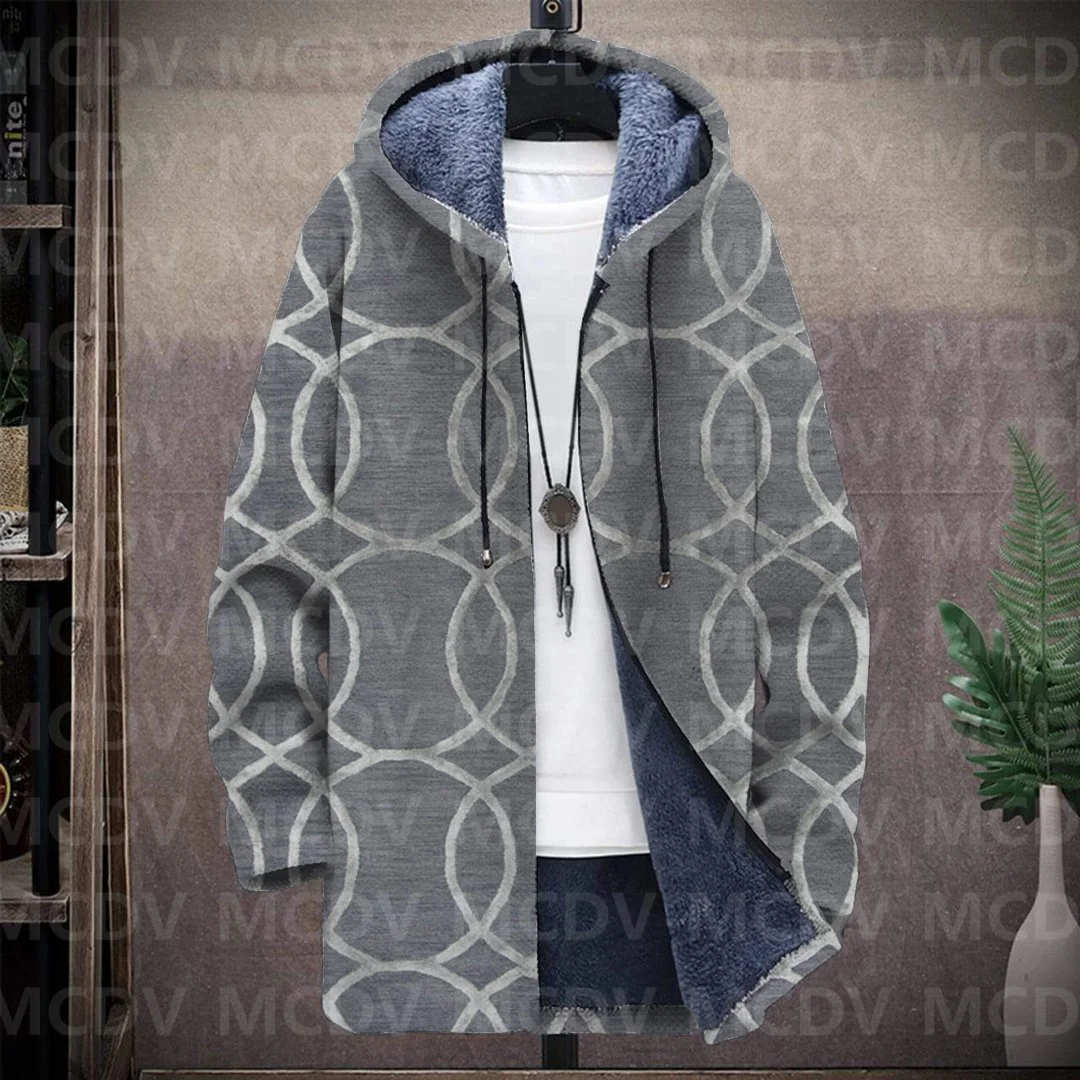 Men's Retro Pattern Print Plush Thick Long-Sleeved Coat Fleece Hooded Overcoat Unisex Thick Warm Jacket