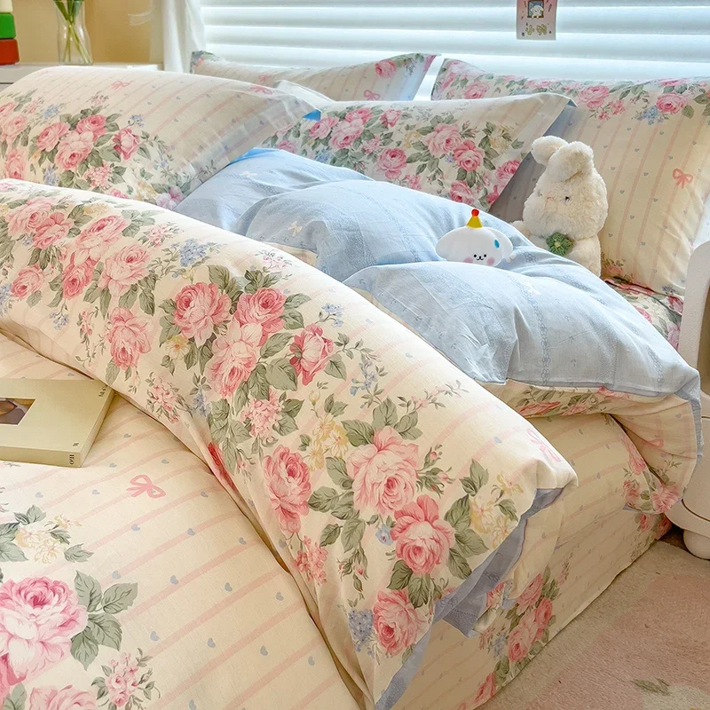 Elegant Floral Cotton Duvet Cover Set Watercolor Flowers Striped Pattern Comforter Covers 3 Pieces Soft Breathable Bedding Sets