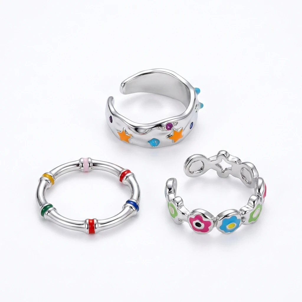 Vintage Y2K Buntes Emaille-Ringset für Frauen Ästhetische Blumen-Stern Offene Ringe E-Girl Dopamin Mode-Schmuck Accessoires Geschenk – Detail 6