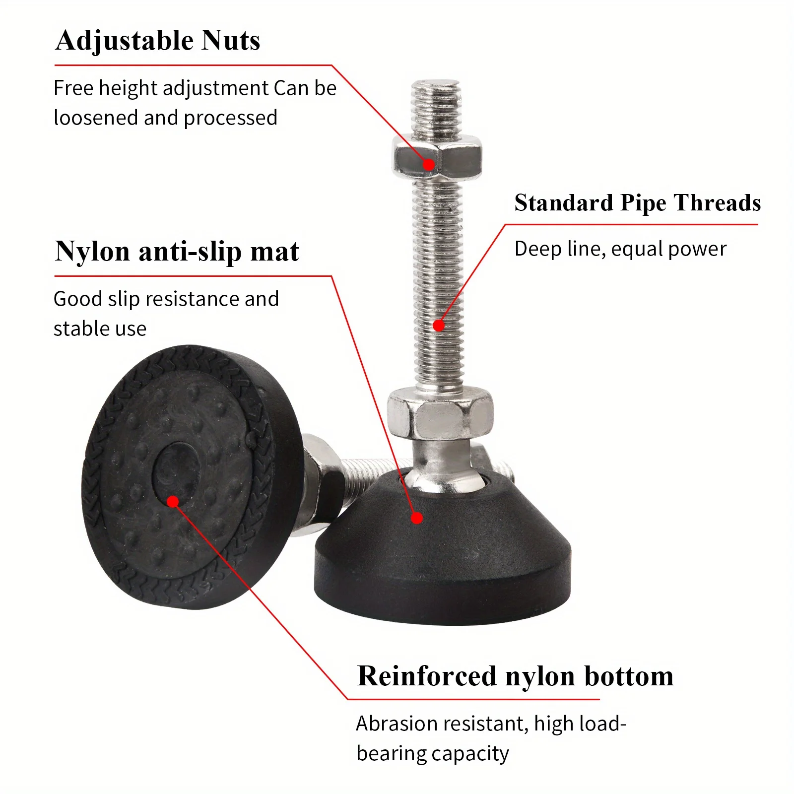 Adjustable Leveling Feet with Reinforced Nylon Bottom and Anti-Slip Mat - Set of 8
