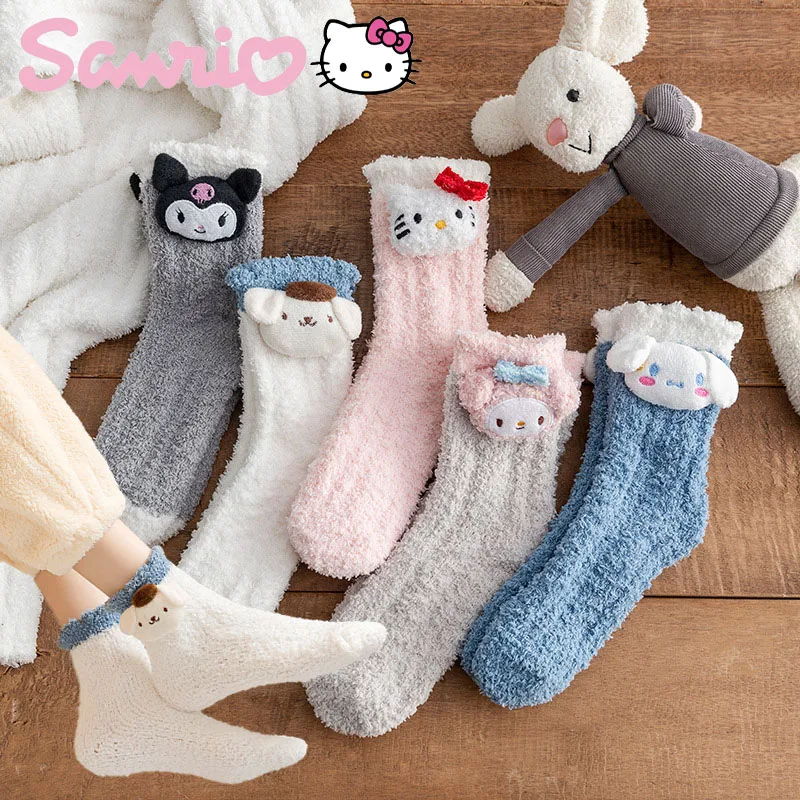 

Милые детские осенние носки средней длины с рисунком коричника Kuromi My Melody, хлопковые носки с мультяшным рисунком, теплые носки для сна для девочек