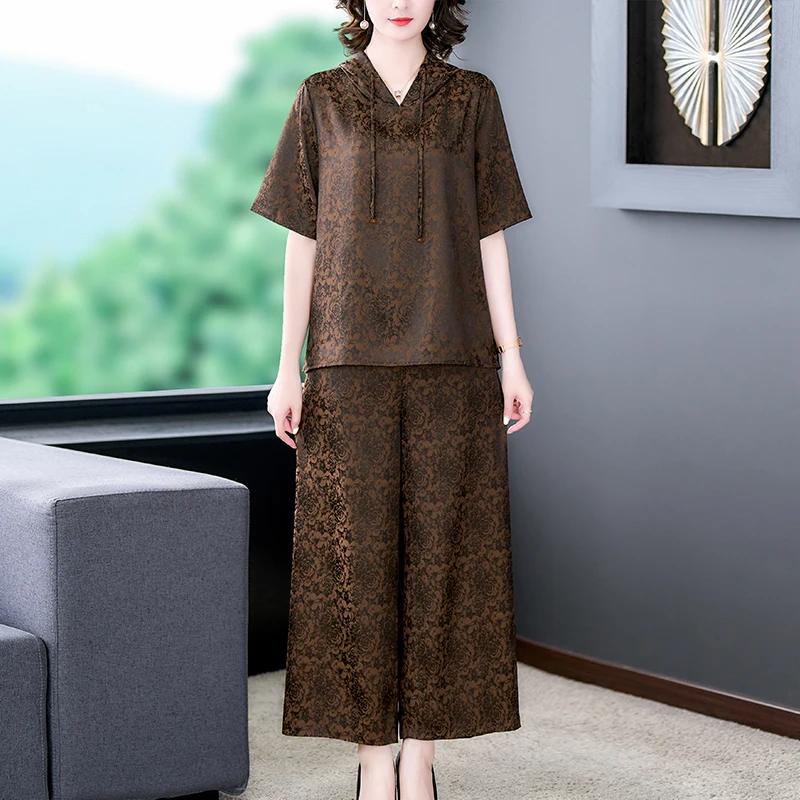 Autumn Coffe Long Sleeve Floral Top Coats+Black Jacquard Silk Wide Leg Pants Two Piece Sets Women Korean Vintage Prom Suits