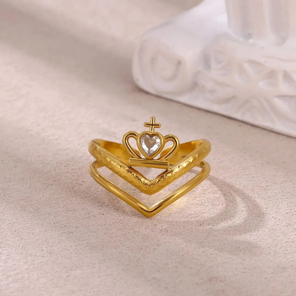 Zircon Crown & Heart Rings for Women Gold Color Stainless Steel