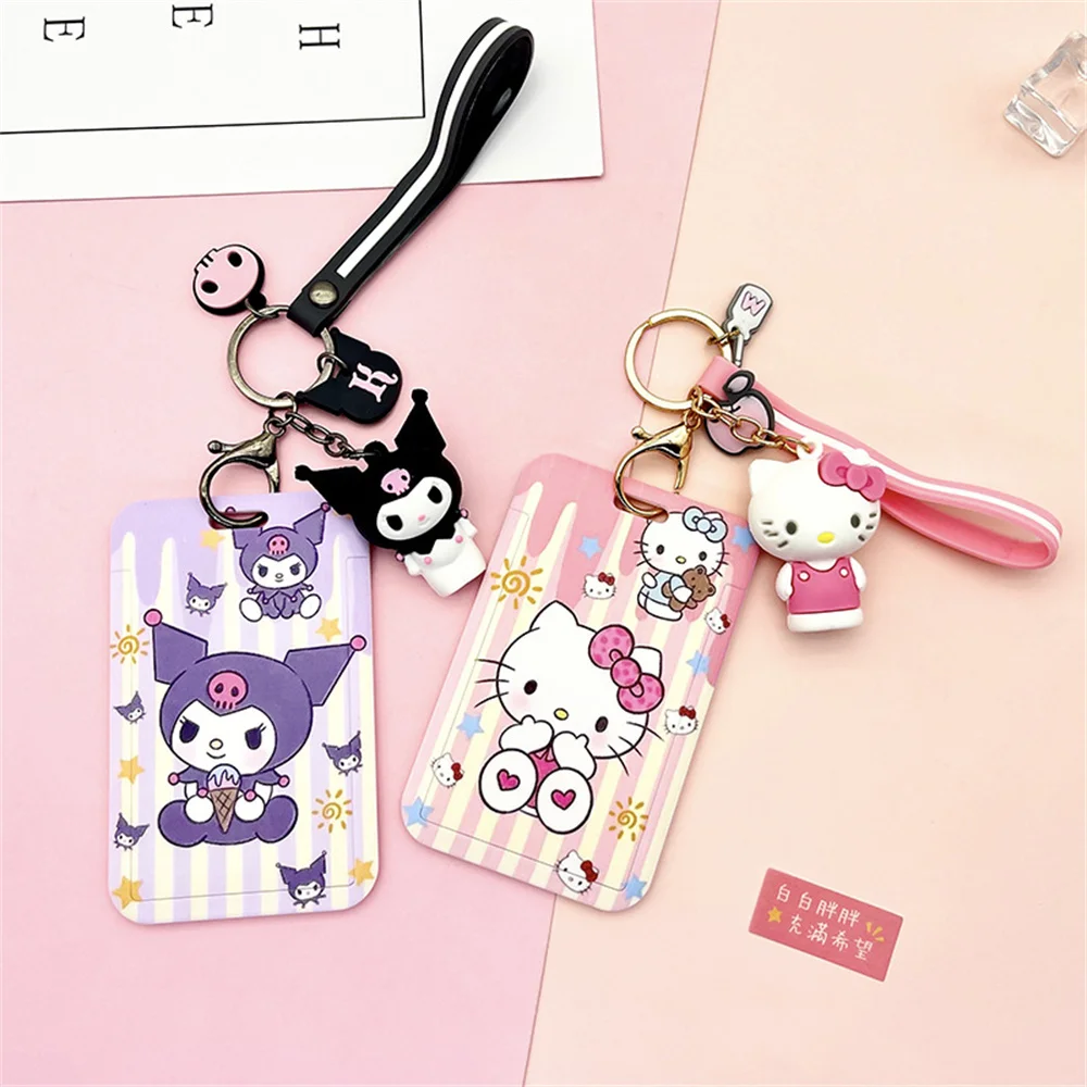 

Kawaii Sanrio Hello Kitty Keychain Cinnamoroll Key Chain Pendant Kuromi Card Holder My Melody Plastic Lanyard Card Holders Gifts