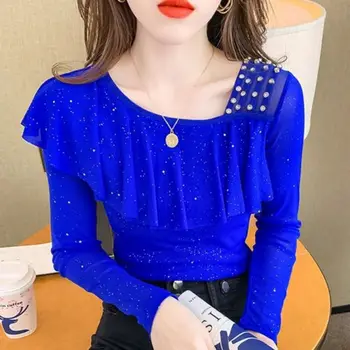 스위트 스큐 칼라 스플라이스 거즈 러플 비즈 블라우스, 여성 의류, 2023 봄 신상 캐주얼 풀오버, 불규칙 셔츠