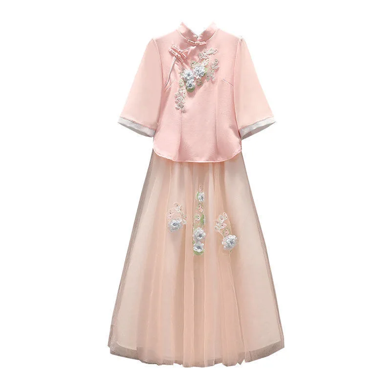 Plus Size Skirts Womens Summer 2024 Two Piece Set Women Qipao Cheongsam Tops Gauze Skirt Young Girl Fashion Casual Dress Sets