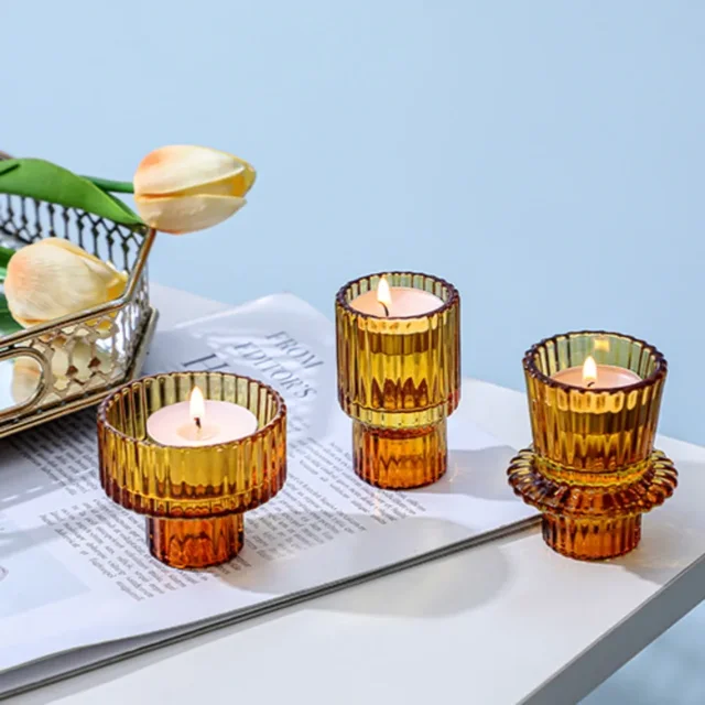 Vintage European Candles Holders Amber Pink Transparent Glass Candlestick Nordic Vertical Patterned Table Candle Stand - Image 6