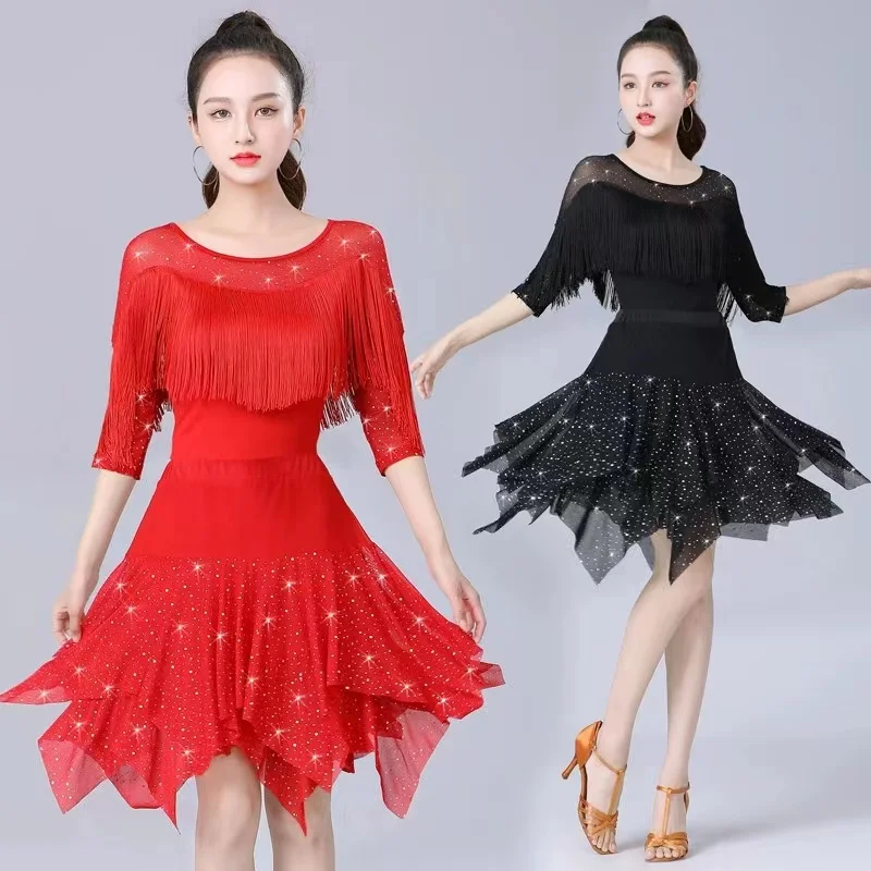 

Elegant Mesh Mid-Long Latin Dance Skirt For Women New Style Comfory Soft Ballroom Dance Waltz Dancewear Top and Skirt