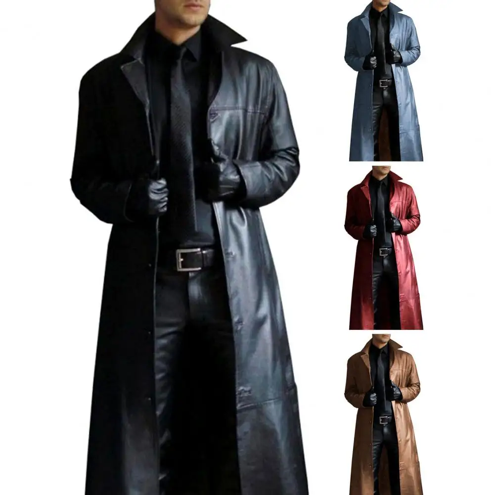 Trench Coat Casual Men Jacket Men Faux Leather Jacket Stylish Men's Faux Leather Trench Coat With Turn-down Collar Windproof Design Slim Fit