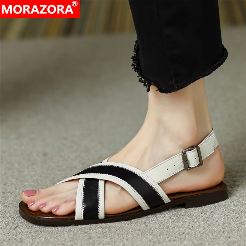 MORAZORA Plus Size 32-43 New Genuine Leather Sandals Women Shoes Back Buckle Flat Sandals Summer Ladies Shoes Fashion Footwear