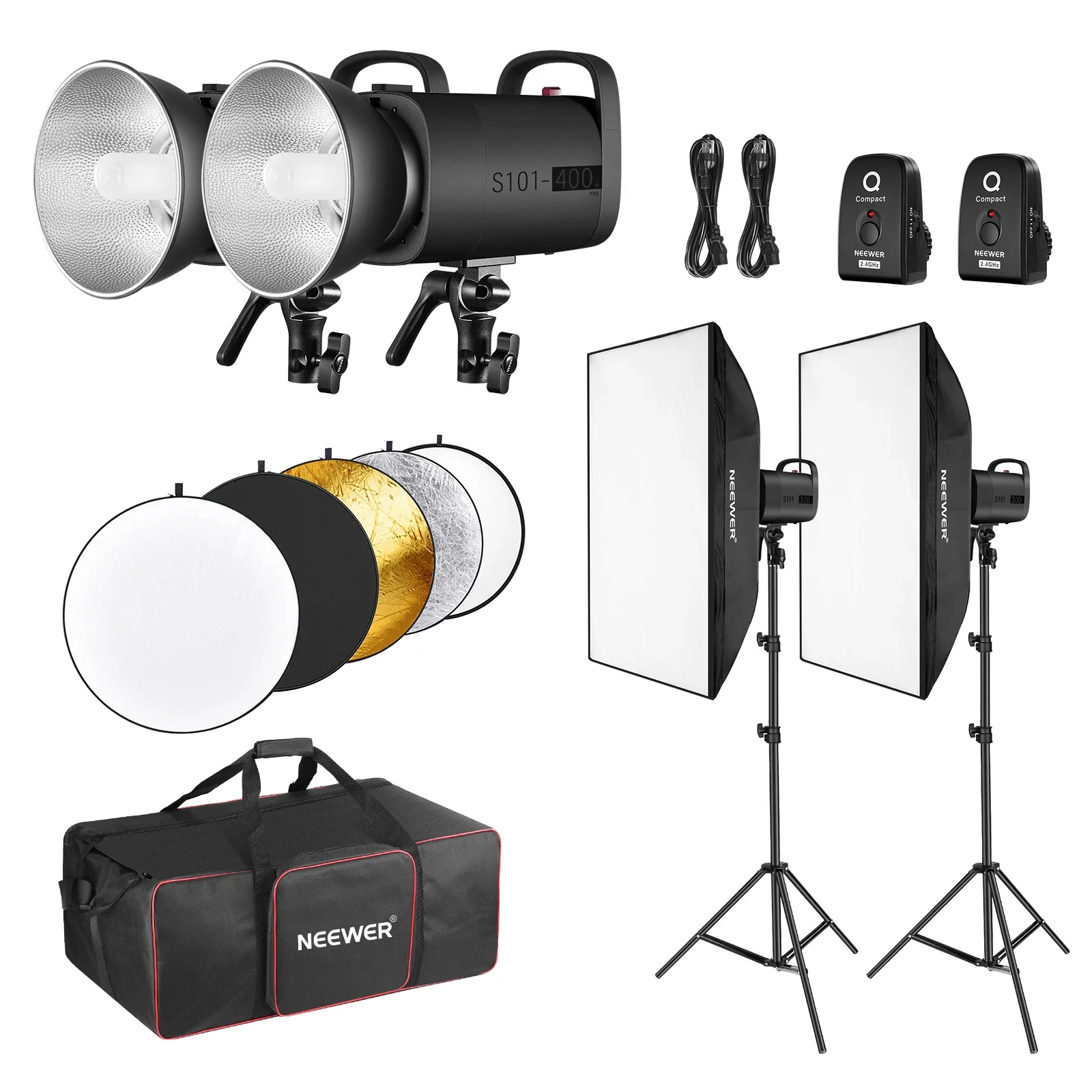

NEEWER 800W 2.4G Studio Strobe Flash Kit: (2)S101-400W PRO Monolights GN65 5600K, (2)2.4G Trigger, (2)Light Stand, (2)Softbox
