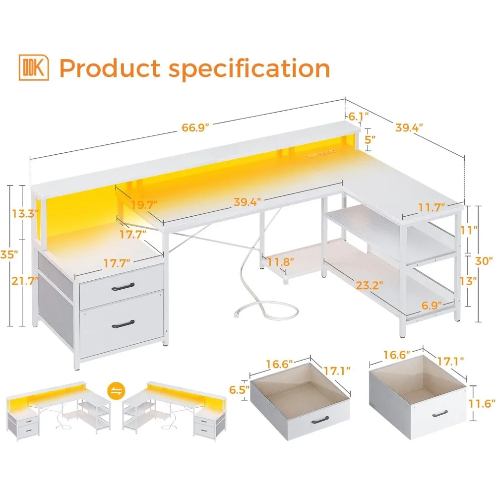 "66-inch reversible l-shaped desk with storage and integrated power outlet & led lighting for home office"