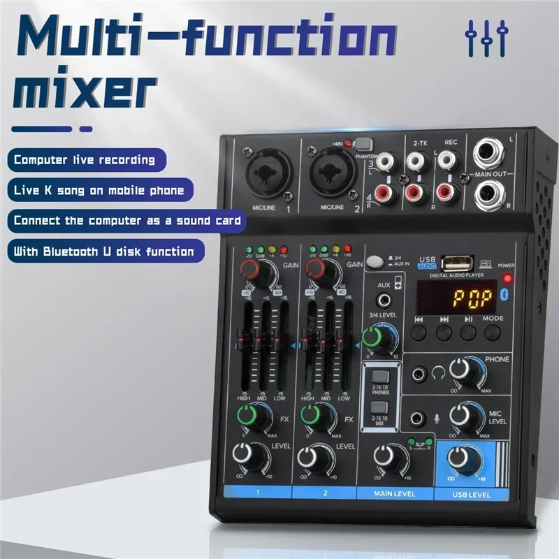 M4 4 채널 블루투스 미니 오디오 믹서 사운드 카드, DJ 16 디지털 효과 소음 감소 콘솔, 노래 비디오용 USB 녹음