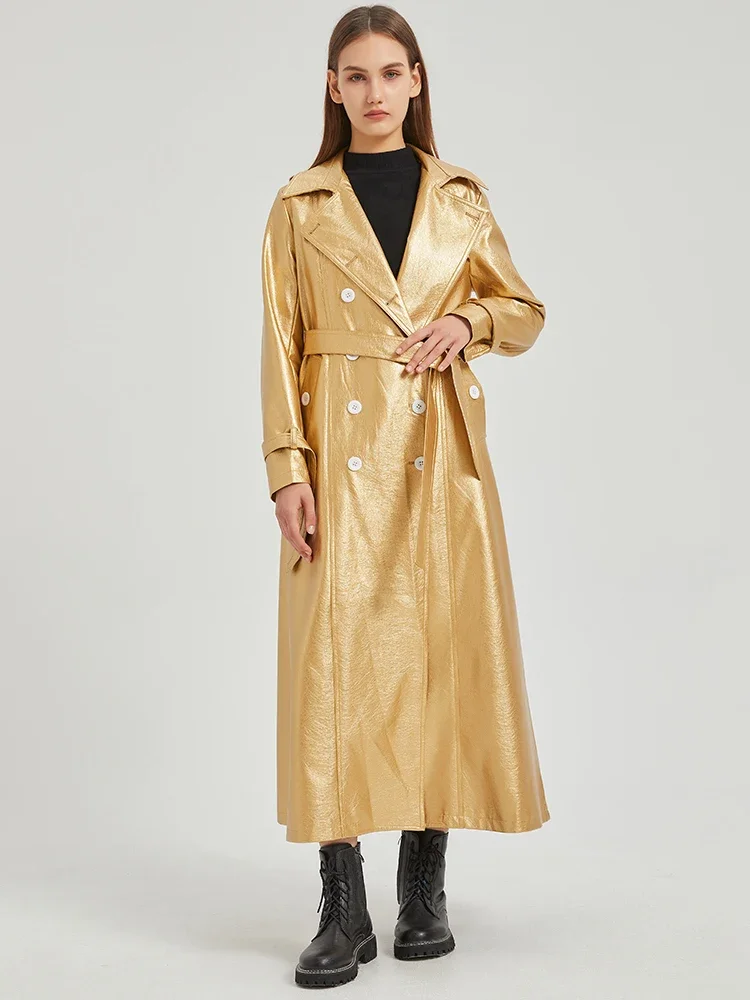 Lautaro Spring Autumn Extra Long Gold Shiny Pu Leather Trench Coat