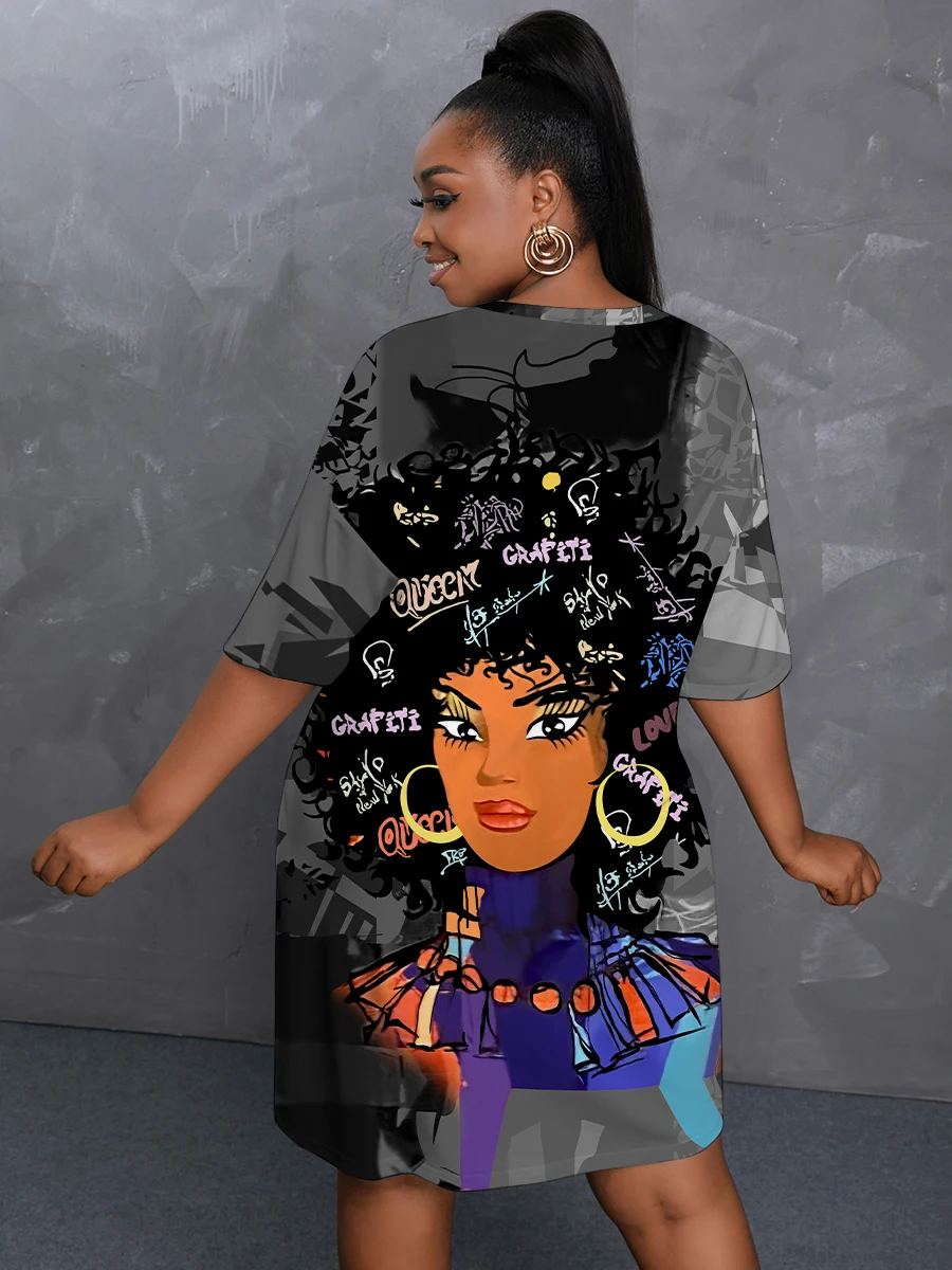 Plus Size Figure Street Letter Print Patchwork Blue Knee Length Dress Oversized T-shirt Women Summer Y2K Outfit Boyfriend Tee