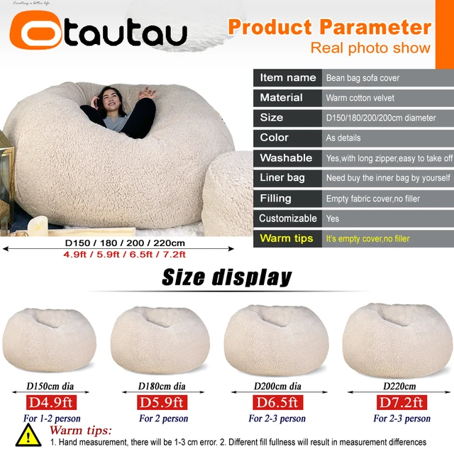 OTAUTAU 5ft Giant Fluffy Soft Bunny Fur Bean Bag Cover Without