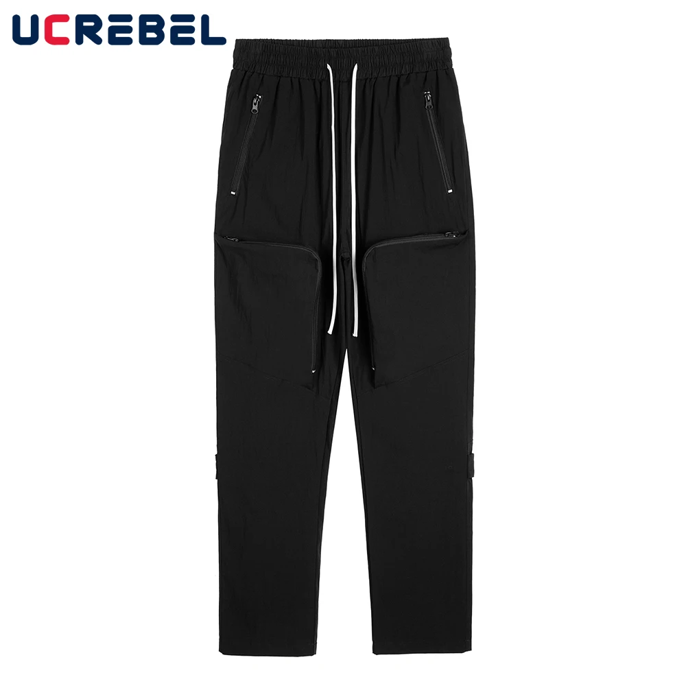 

Multi-Pocket Functional Trousers Mens Autumn Casual Solid Color Drawstring Elastic Waist Straight-leg Pants Men