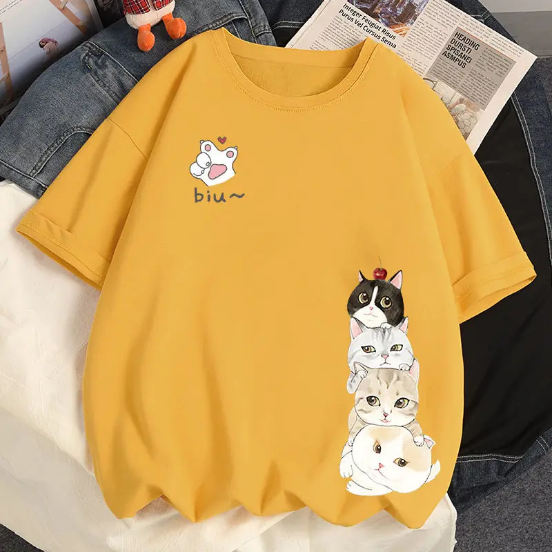 Cotton Cute Cat T Shirt Loose Size Short Sleeve T-shirt Summer Girl Student Top Tees T-shirt Women Clothing Plus 35-100kg petite maternity clothes