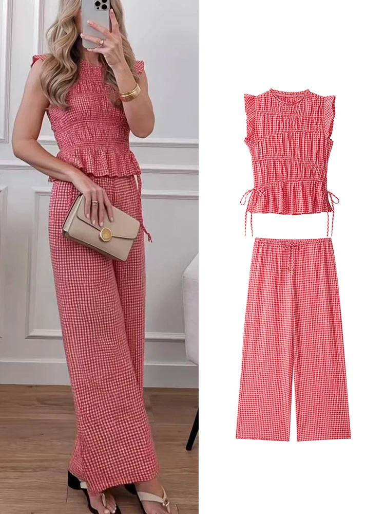 TFMLN 2026 Damen Tanktop und Hose Zweiteiler-Set Sommer Kariertes Ärmelloses Rüschen-T-Shirt Weite Hosen Freizeithosen-Anzug
