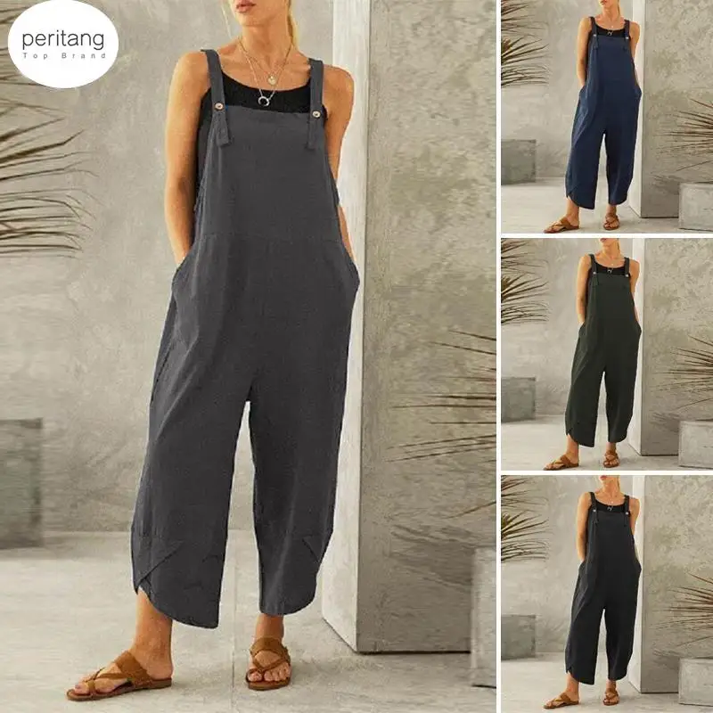 

Womens Jumpsuits 2024 Wide Leg Overalls Denim Blue Dungarees Rompers Sleeveless Adjustable Strap Button Summer Pants