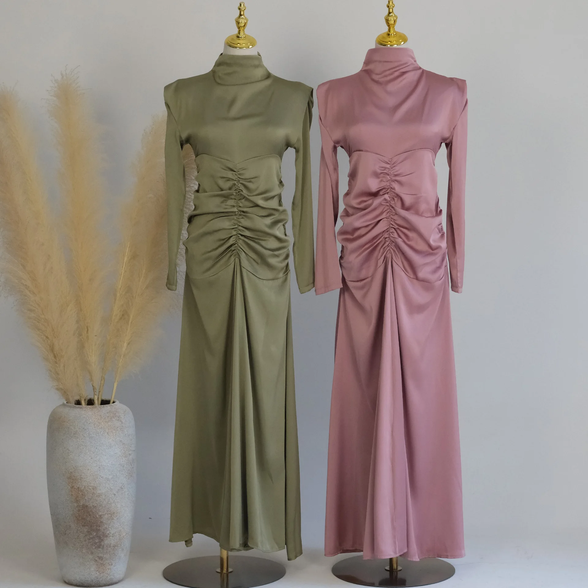 Eid Satin Abaya Dubai Luxury Turkey African Dresses for Women Plain High Collar Pleated Islam Abayas Kaftan Robe Femme Musulmane