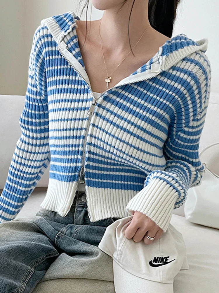 

QOERLIN Designer Sweater Double Zipper Long Sleeve Hoodies Cardigans Korean Fashion Cropped Tops Knitwear Jumper Crop Cardigan