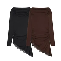 Women's T-Shirts Spring Autumn Fashion Lace Hem T Shirts for Women Asymmetry Streetwear Long Sleeve Slim Casual Tops