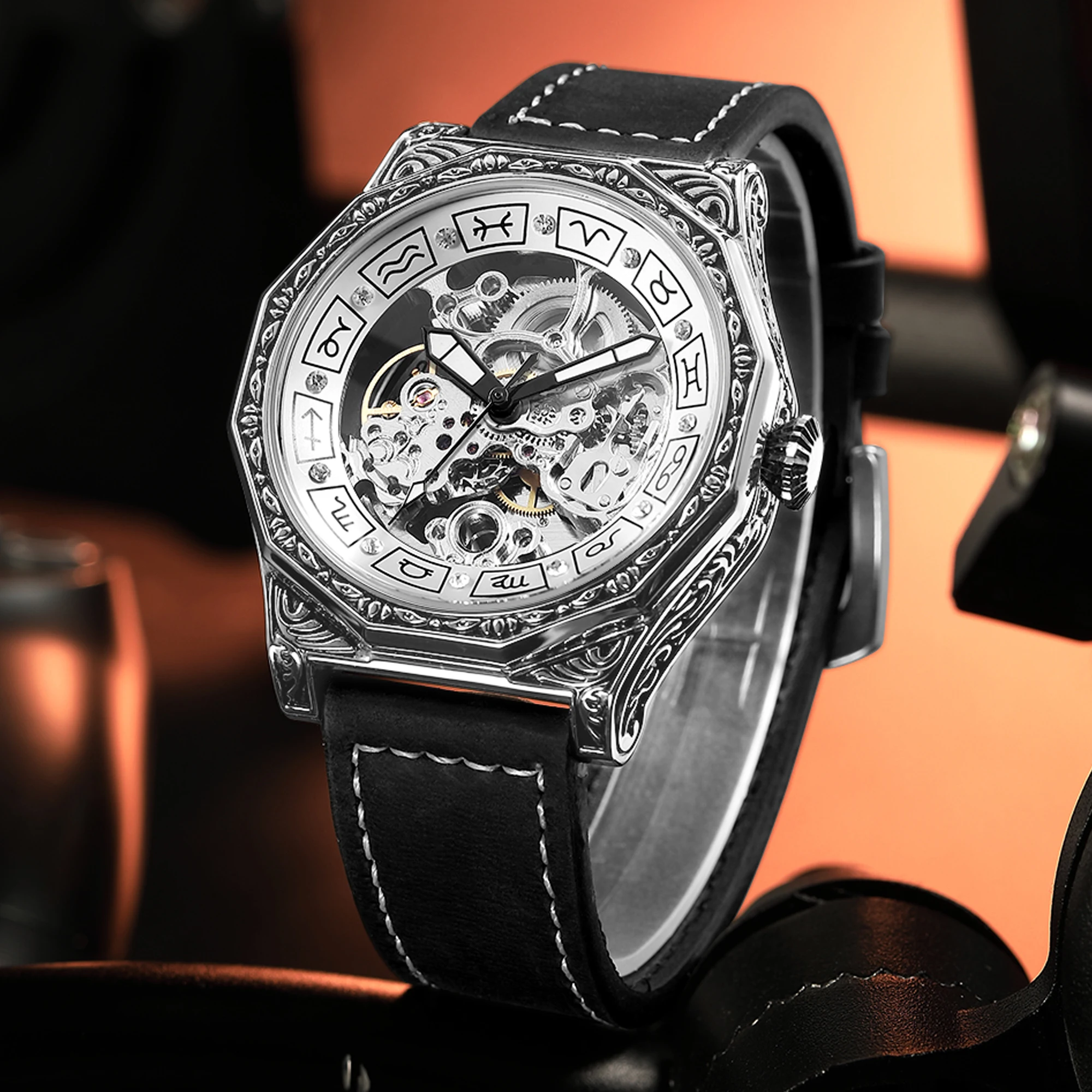 Luxury 12 Constellation Automatic Mechanical Watch Men Vintage Skeleton Steampunk Watches Male Clock Hollow Reloj Hombre Relogio